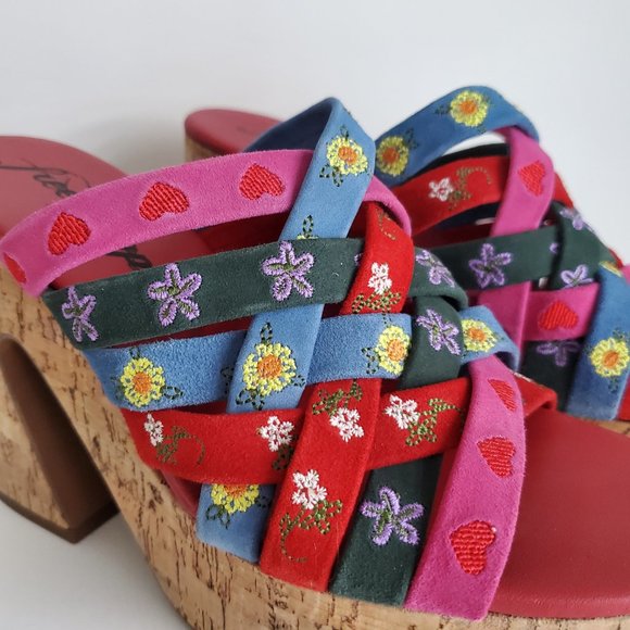 FREE PEOPLE Embroidered Woven  Leather Platform Slip Ons Cork Wedges Boho Mules - Picture 5 of 10